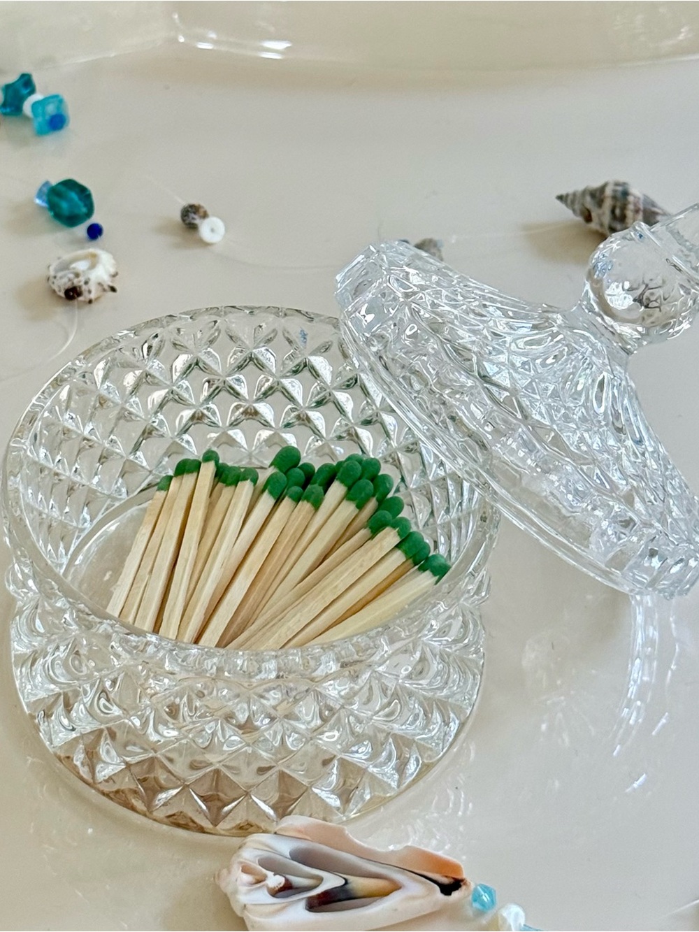 Crystal Glass Match Holder with Lid Striker on Bottom Matches Included